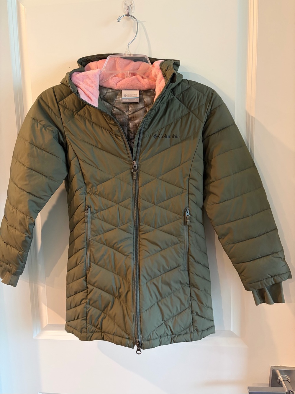 Columbia Olive Green Girls' Hooded Puffer Jacket with Pink Lining